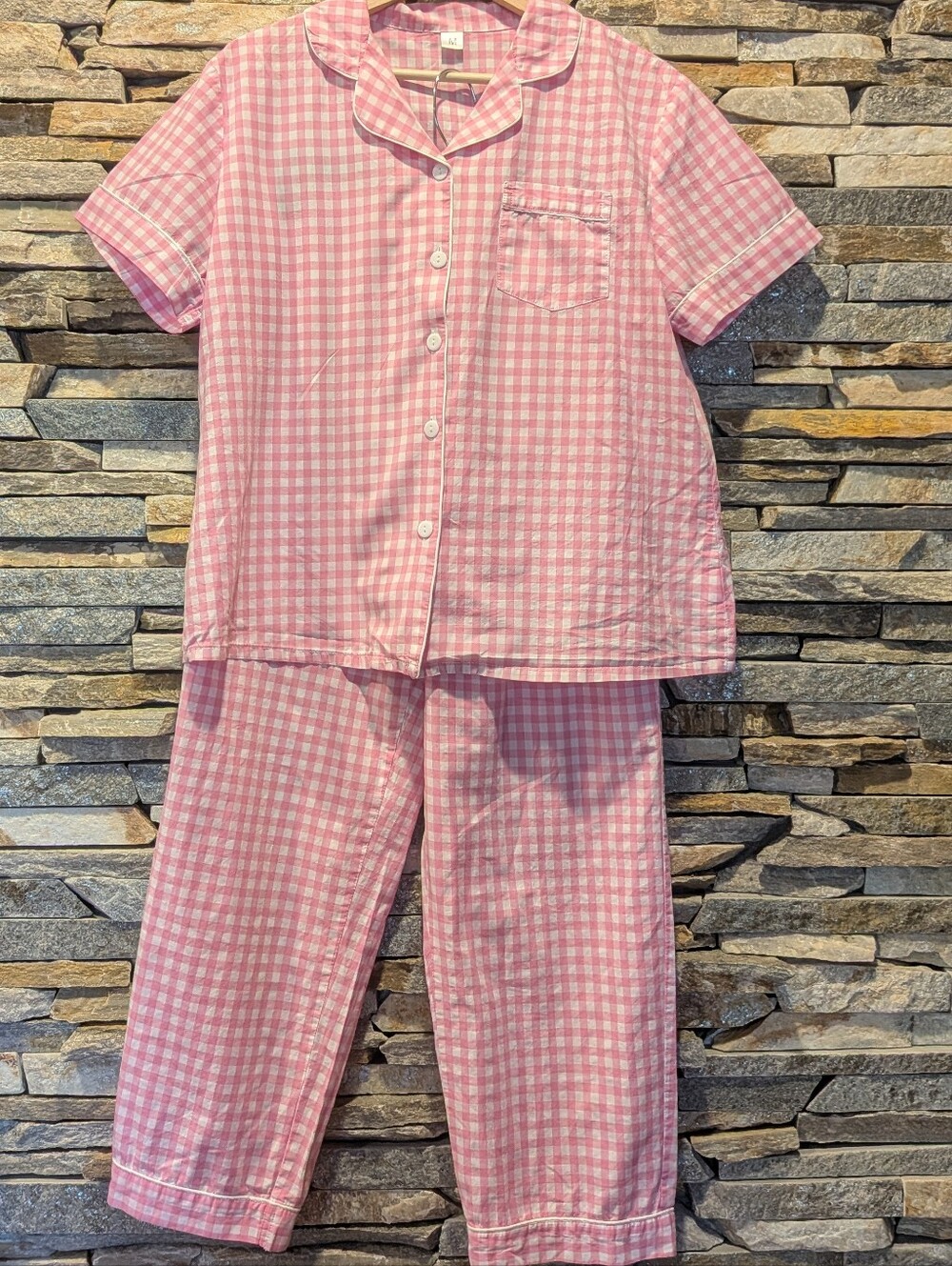 Pink Gingham Woman's Pajama Set - Classic Short Sleeve Top & Pants